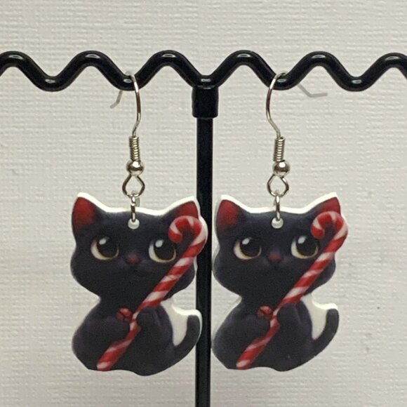 Black Cat Earring, Candy Cane Earring, Christmas Earring, Holiday Earring, Cat - Picture 2 of 4